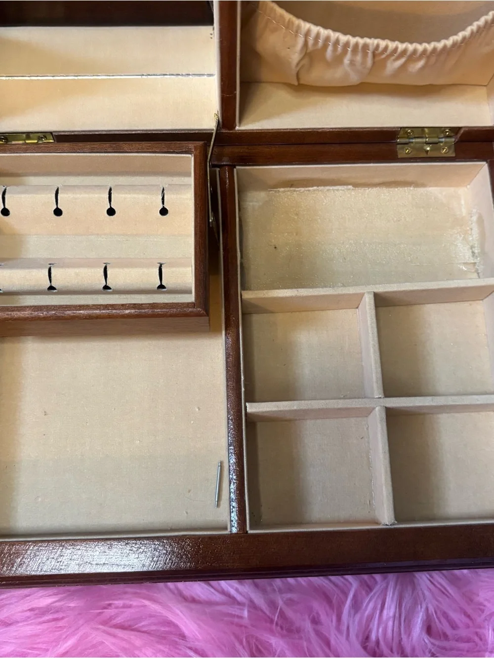 Vintage Powell Burl Wood Jewelry Box Mirror Drawer Necklace Hooks Taiwan
